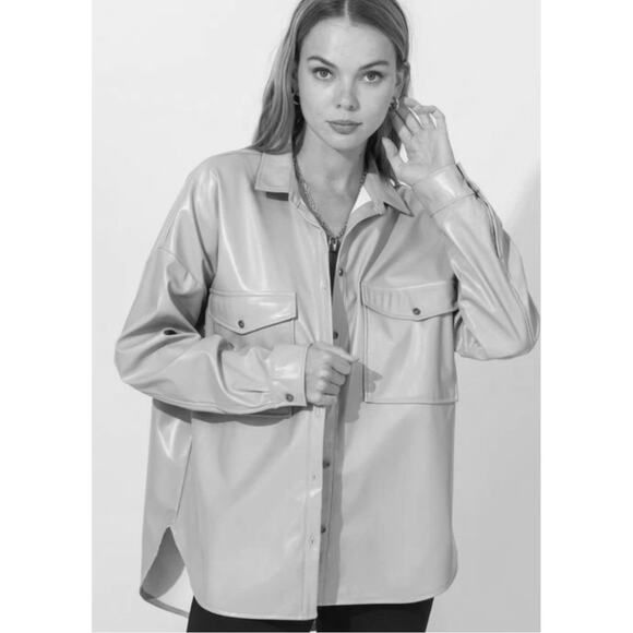 HYFVE Oversized Vegan Leather Button Up Long Sleeve Brown Jacket Women Sz L - Picture 2 of 10